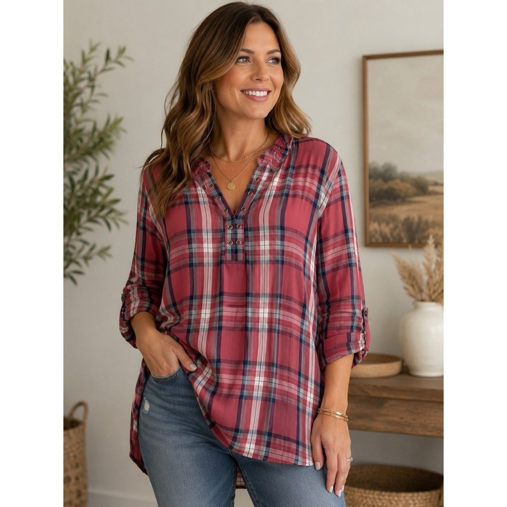 NWT$109 John Mark Blouse Womens XL Red Plaid Flannel Roll Tab Cabincore